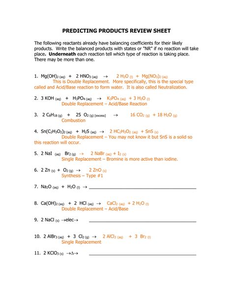Predicting The Products Of Chemical Reactions Worksheet Answers Doc