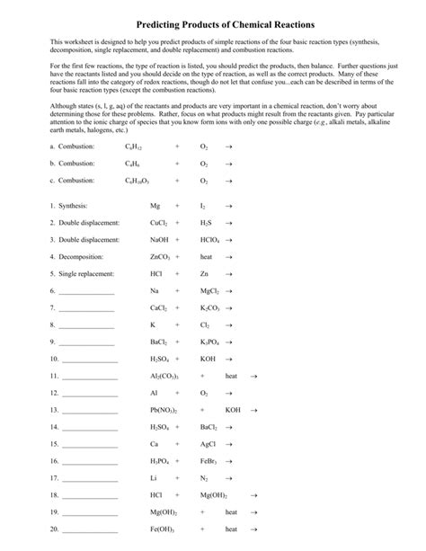 Predicting The Products Of Chemical Reactions Worksheet Answers Doc