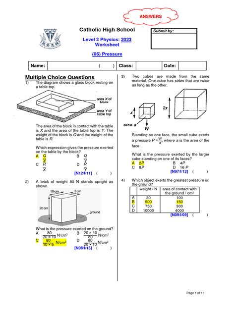 Pressure Worksheet With Answers Reader