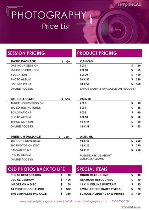 Price List Template Photography