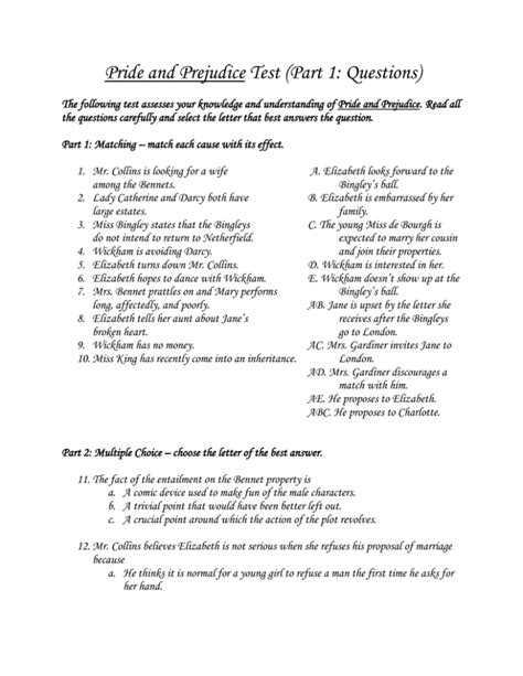 Pride And Prejudice Test Answers Doc