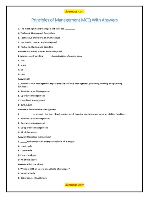 Principles Of Management Mcq With Answers Kindle Editon