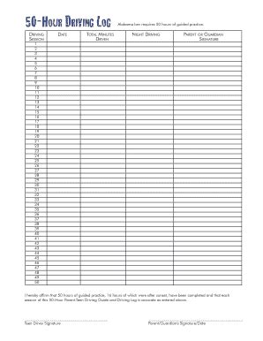 Printable 50 Hour Driving Log Sheet Ohio