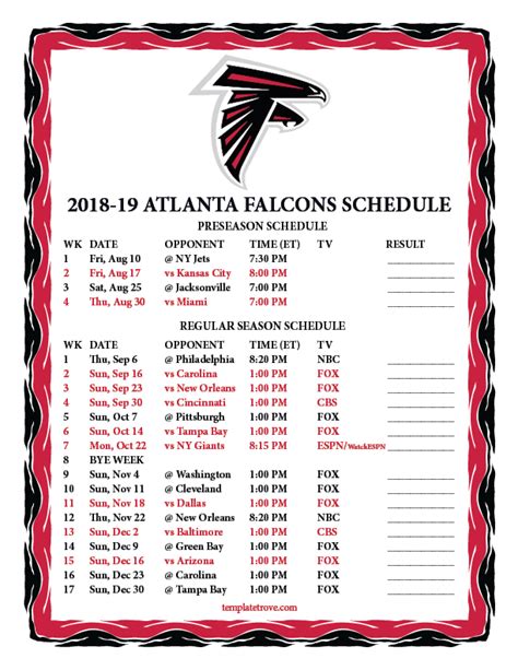 Printable Atlanta Falcons Schedule