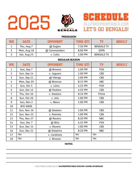Printable Bengals Schedule
