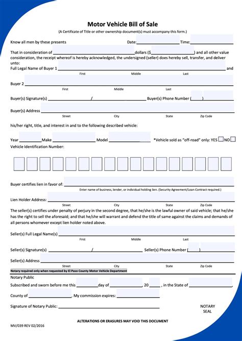 Printable Bill Of Sale Car