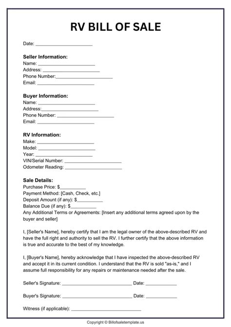 Printable Bill Of Sale For Rv