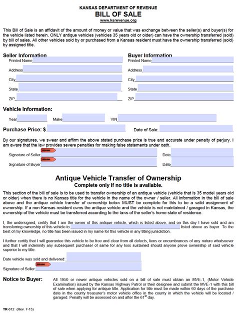 Printable Bill Of Sale Kansas