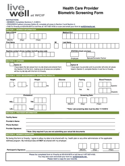 Printable Biometric Screening Form