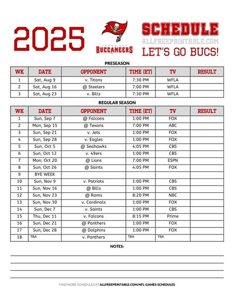 Printable Bucs Schedule