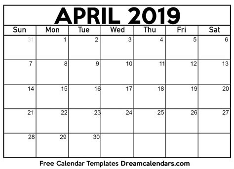 Printable Calendar April 2019