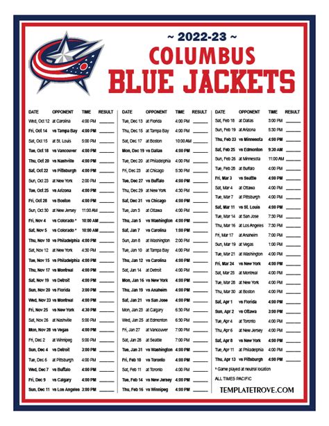Printable Columbus Blue Jackets Schedule