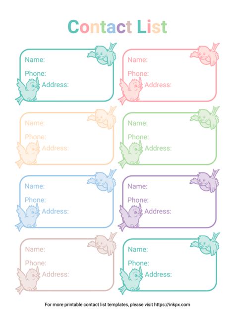 Printable Cute Contact List Template