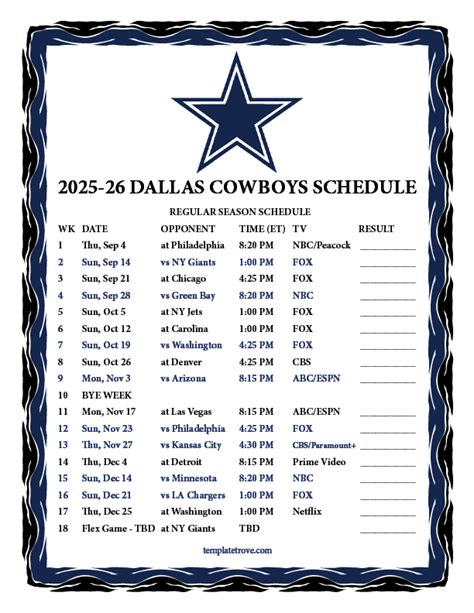 Printable Dallas Cowboys Schedule