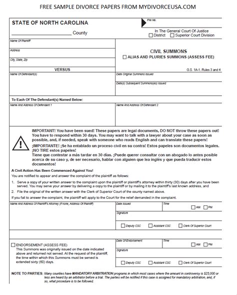 Printable Divorce Papers Nc