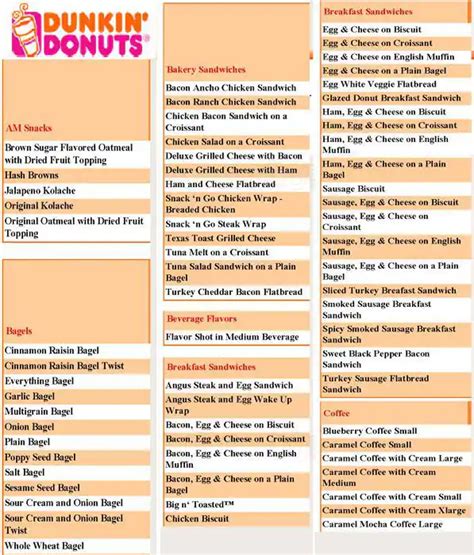 Printable Dunkin Donuts Menu