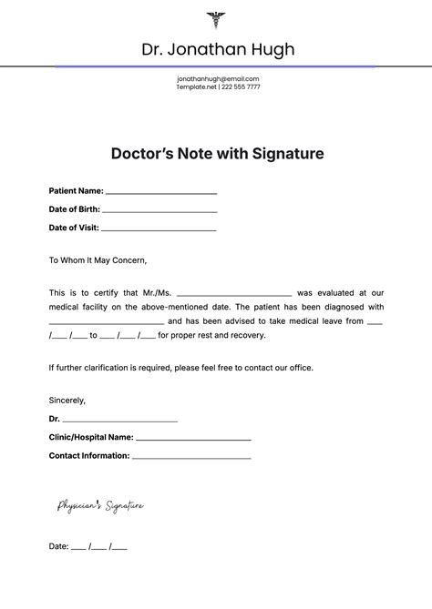 Printable Fillable Fake Doctors Note For Work With Signature