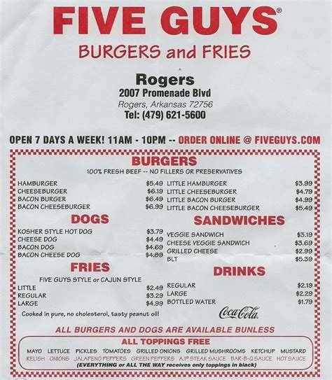 Printable Five Guys Menu