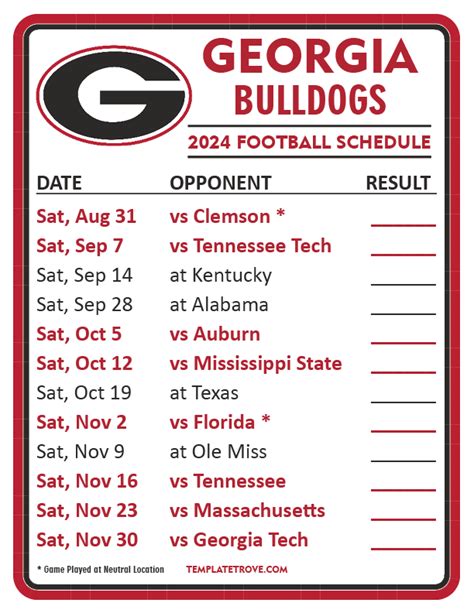 Printable Georgia Bulldogs Schedule