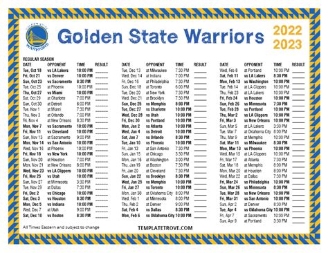 Printable Golden State Warriors Schedule