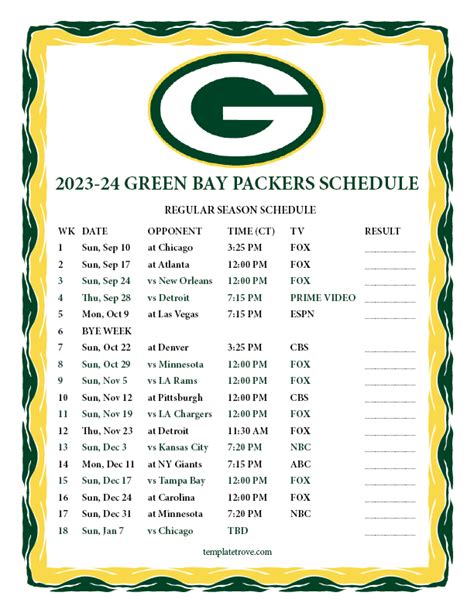 Printable Green Bay Packers Schedule