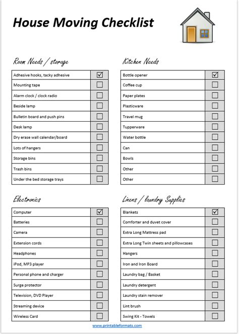 Printable House Moving Checklist Template