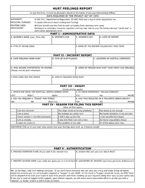 Printable Hurt Feelings Report Form