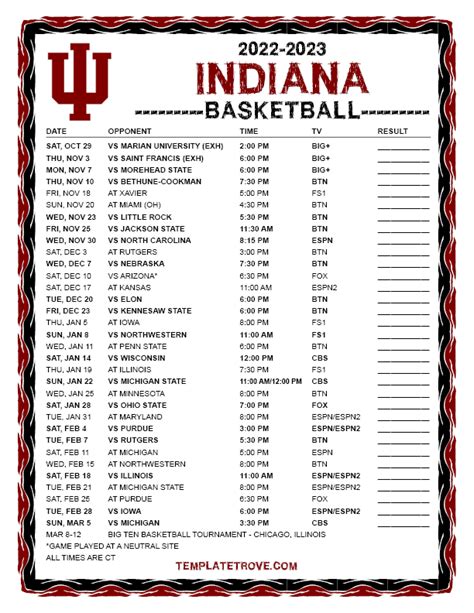 Printable Indiana University Men's Basketball Schedule