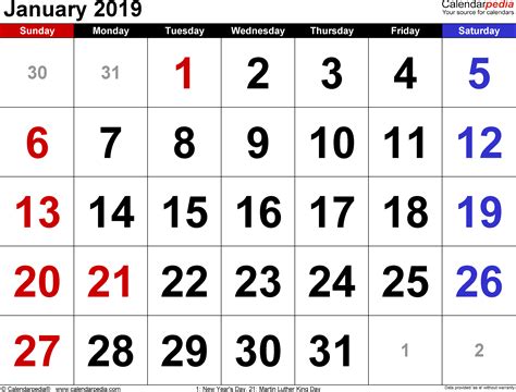 Printable January 2019 Calendar