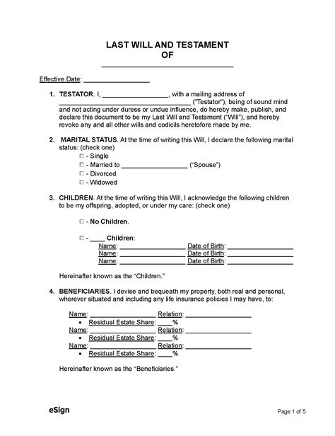 Printable Last Will And Testament