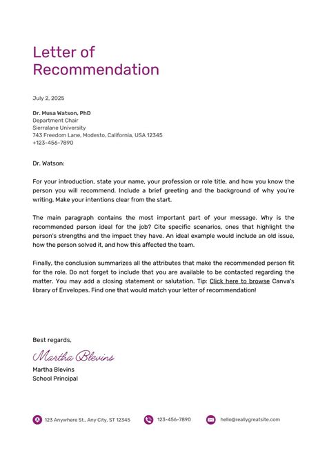 Printable Letter Of Recommendation Template