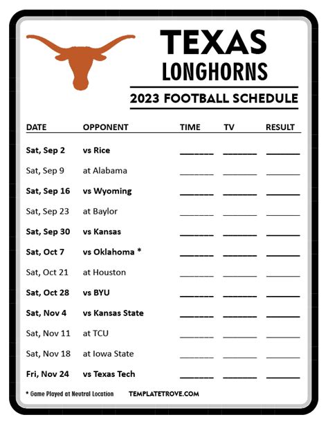 Printable Longhorn Football Schedule