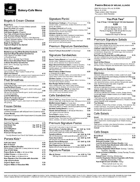 Printable Menu From Panera Bread