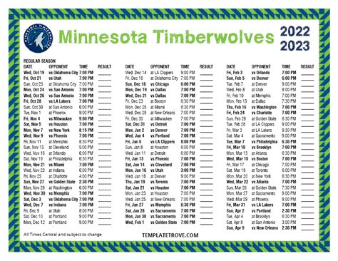 Printable Minnesota Timberwolves Schedule