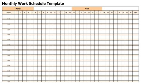 Printable Monthly Work Schedule Template