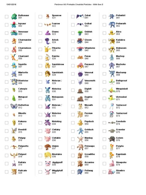 Printable Pokedex Checklist