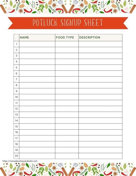 Printable Potluck Sign Up