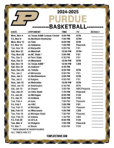 Printable Purdue Men's Basketball Schedule