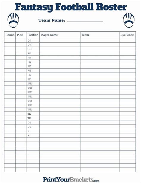 Printable Roster Sheets Fantasy Football