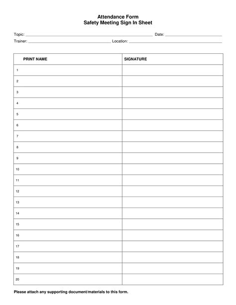 Printable Safety Meeting Sign In Sheet
