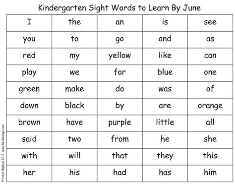 Printable Sight Words List
