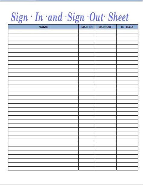 Printable Sign Out Sheet