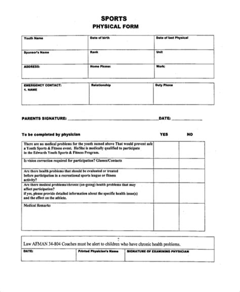 Printable Sports Physical Form