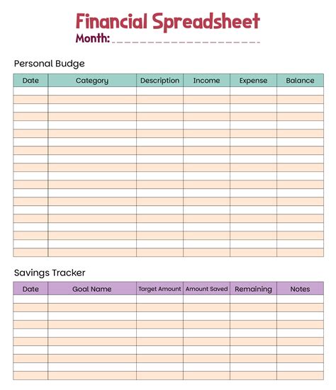 Printable Spread Sheet