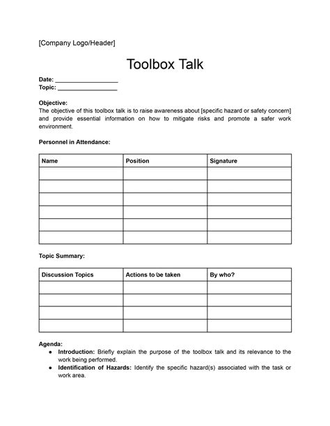 Printable Toolbox Talk Template