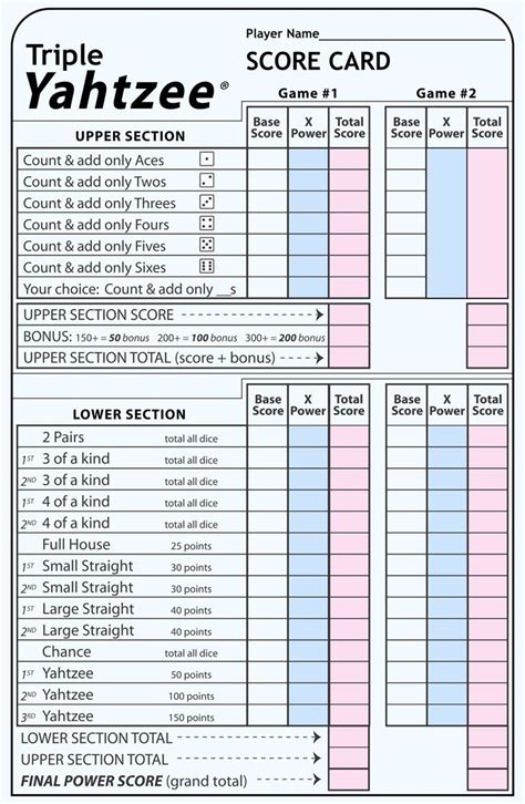 Printable Triple Yahtzee Score Card