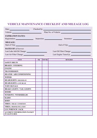 Printable Vehicle Maintenance Checklist