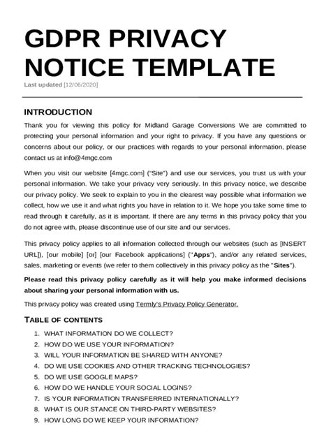 Privacy Notice Template Gdpr