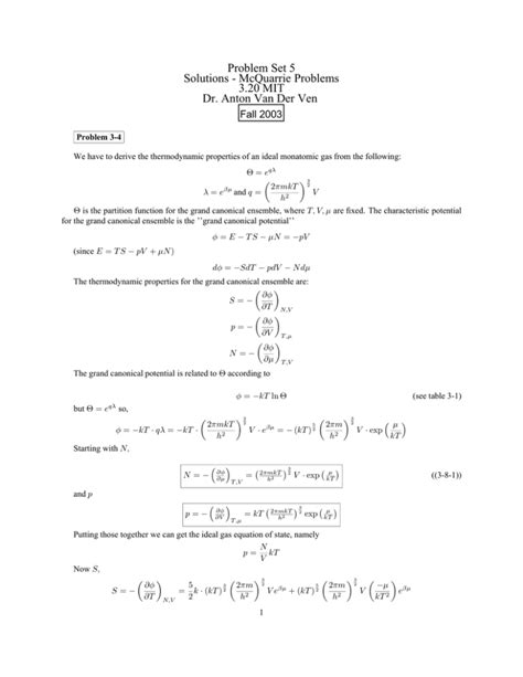 Problem Set 5 Solutions Mcquarrie Problems 3 20 Mit Dr Kindle Editon