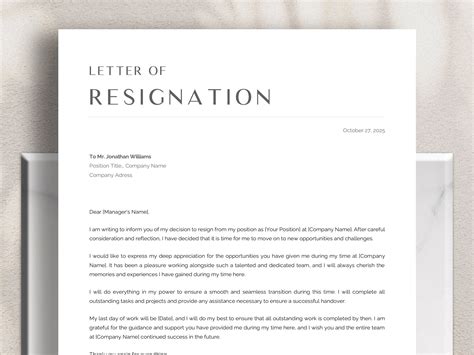 Professional Letter Of Resignation Template